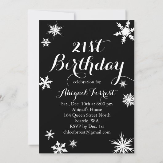 Black Winter 21st Birthday Invitation Kaart (Voorkant)