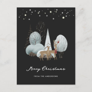 Black Winter Scene Stars Forest Deer Kerstmis Feestdagenkaart