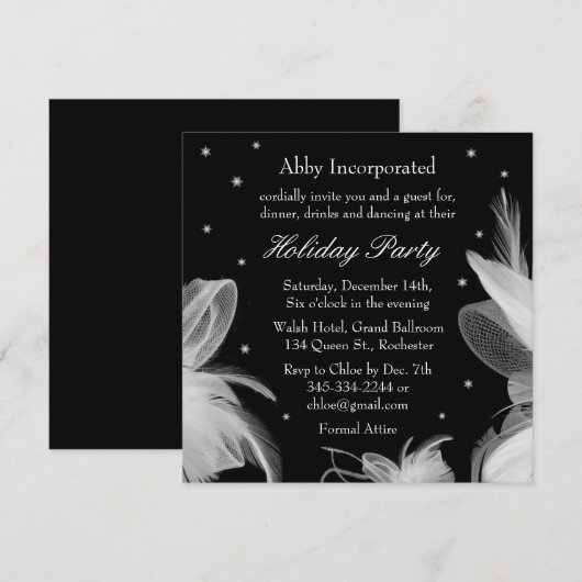 Black Winter White Feathers Holiday Invitation Kaart (Voorkant / Achterkant)