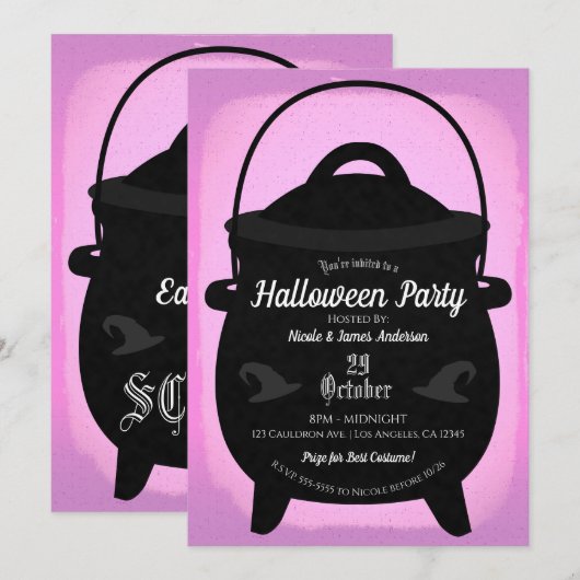 Black Witch Cauldron Roze Halloween Party Kaart (Voorkant / Achterkant)