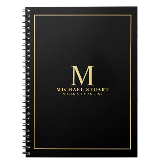 Black with Gold Personalized Monogram and Name Notitieboek (Voorkant)