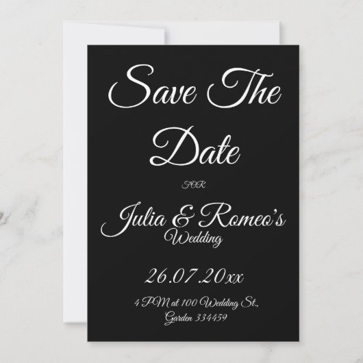 Black with White Script Save The Date Card  Kaart (Voorkant)