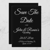 Black with White Script Save The Date Card  Kaart (Voorkant / Achterkant)
