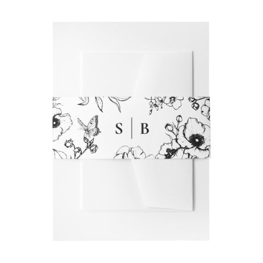 Black | Witte Bloemen Tuin Monogram Huwelijk Uitnodigingen Wikkel (Voorkant Voorbeeld)