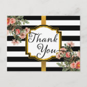 Black | Witte strepen Bloemen Dank u Briefkaart (Voorkant)