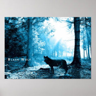 Black Wolf Bossen Forest Night Fantasy Poster