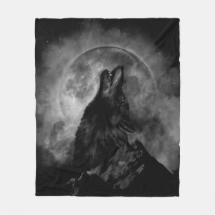 Black Wolf Howling Black & White Fleece Deken