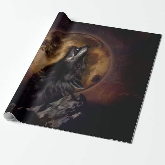 Black Wolf Howling Cadeaupapier (Uitgerold)