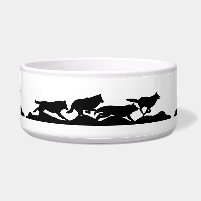 Black Wolf Silhouette Wild Hardlopen met de Pack Voerbakje (Voorkant)