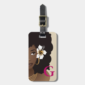 Black Woman Flower in Hair, Monogram, roze & beige Bagagelabel