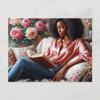 Black Woman In Pink Reading Floral Art Briefkaart