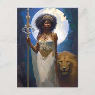 Black Woman Queen met Lion Fantasy Art Briefkaart