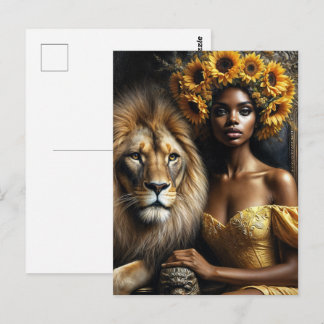 Black Woman With Lion Sunflower Leo Briefkaart