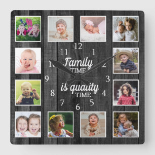 Black Wood 12 Photo Template Family Time Quote Vierkante Klok