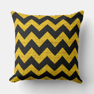 Black & Yellow Chevron Pattern Burlap Rustic Jute Kussen