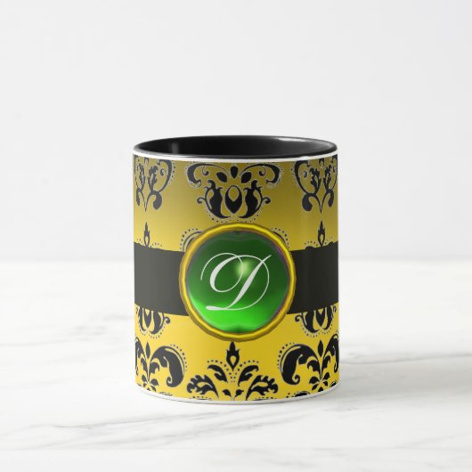 BLACK YELLOW DAMASK EMERALD GREEN GEM MONOGRAM MOK (Midden)