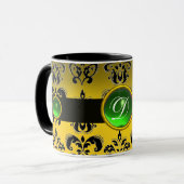 BLACK YELLOW DAMASK EMERALD GREEN GEM MONOGRAM MOK (Voorkant links)