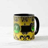 BLACK YELLOW DAMASK EMERALD GREEN GEM MONOGRAM MOK (Voorkant rechts)
