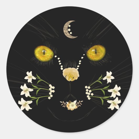 Black Yellow Gold Flower Cat Face Moon Sticker (Devant)