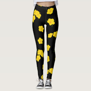 Black Yellow Hibiscus Flower gepattereerd Leggings