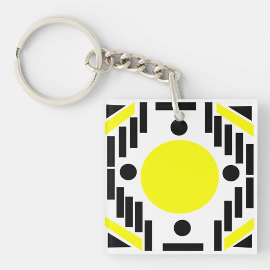 Black Yellow Modern Geometric Mandala Pattern Sleutelhanger (voorkant)