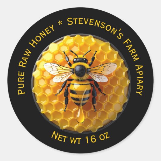 Black & Yellow Realistic Honey Bee Honeycomb Jar Ronde Sticker (Voorkant)