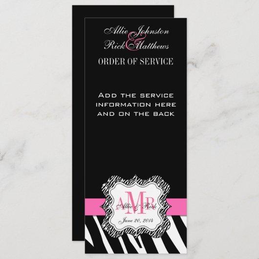 Black Zebra Print Monogram Weddenschap Programma (Voorkant / Achterkant)