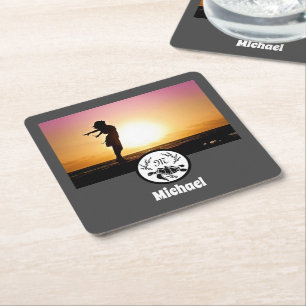 Black Zee Turtle Silhouette Photo Monogram Vierkante Kartonnen Onderzetter