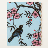 Blackbird dans cerisier Fleurs roses Baies rouges  (Dos)