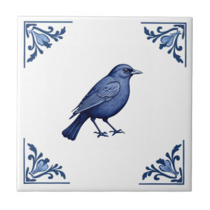 Blackbird Delfts Blauw en Witte Bloemhoeken Vogel Tegeltje