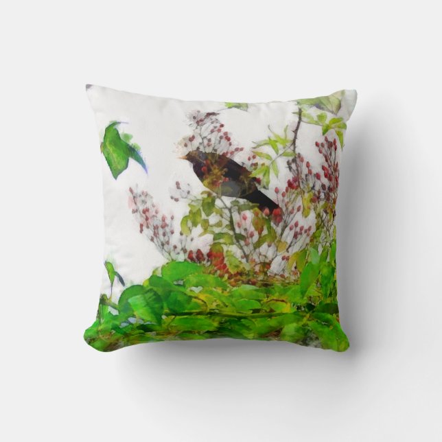 Blackbird en Rosehips Design Kussen (Voorkant)