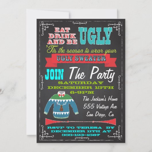 Blackboard Ugly sweater kerstparty nodigt uit Kaart (Voorkant)