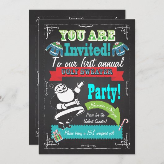 Blackboard Ugly sweater kerstparty nodigt uit Kaart (Voorkant / Achterkant)