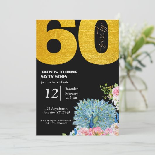 BlackGold Peacock 60e anniversaire Invitations (Debout devant)