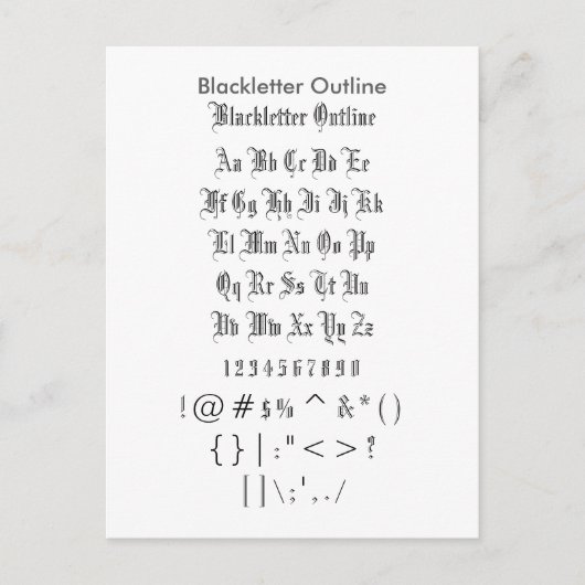 Blackletter overzicht Zazzle Font Sampler Blad Briefkaart (Voorkant)
