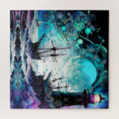 Blacklight-vuurtoren en zeilboot stormachtige zeee legpuzzel (Horizontaal)