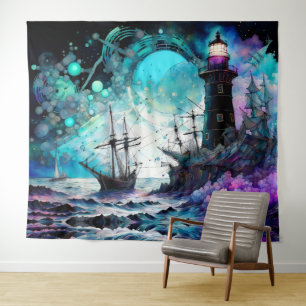 Blacklight-vuurtoren en zeilboot stormachtige zeee wandkleed