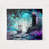 Blacklight-vuurtoren en zeilboot stormachtige zeee wandkleed (Voorkant (horizontaal))