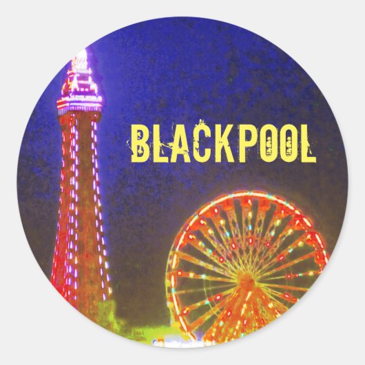 Blackpool Beach-lampjes 's nachts, rood, goud, bla Ronde Sticker (Voorkant)