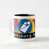 Blacksburg New School Merch Beker Tweekleurige Koffiemok (Voorkant links)