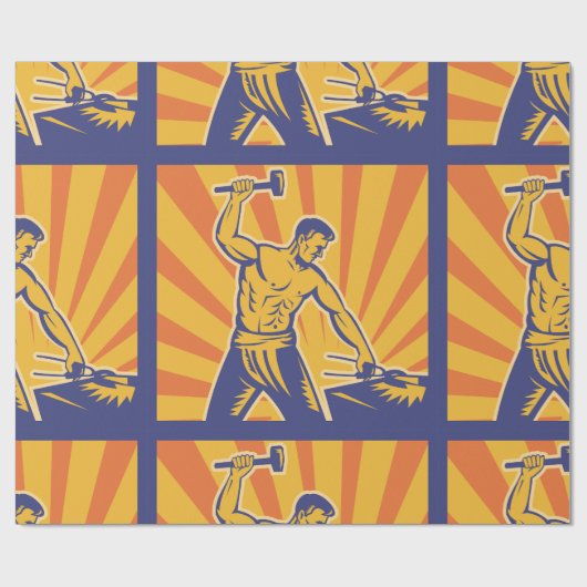 Blacksmith Hammering Retro Strongman Labor Cadeaupapier (Vlak)