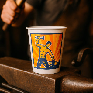 Blacksmith Hammering Retro Strongman Labor Papieren Bekers