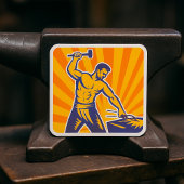 Blacksmith Hammering Retro Strongman Labor Vierkante Sticker