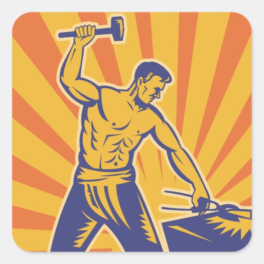 Blacksmith Hammering Retro Strongman Labor Vierkante Sticker (Voorkant)