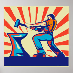 Blacksmith-werker met hamer en aambeeld poster