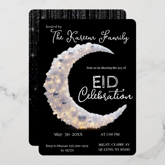 Blackwhite elegant Crescent Eid Party Invitation (Recto/Verso)