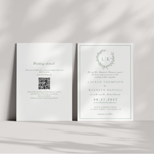 Blad Monogram Crest Sagegroene QR-code Trouw Kaart