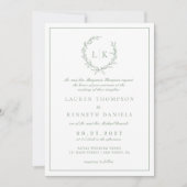 Blad Monogram Crest Sagegroene QR-code Trouw Kaart (Voorkant)