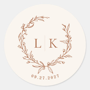 Blad Monogram Terracotta Crème Trouw Ronde Sticker