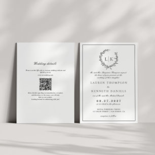 Blad Monogram Wapen Zwart Wit QR Code Trouwen Kaart